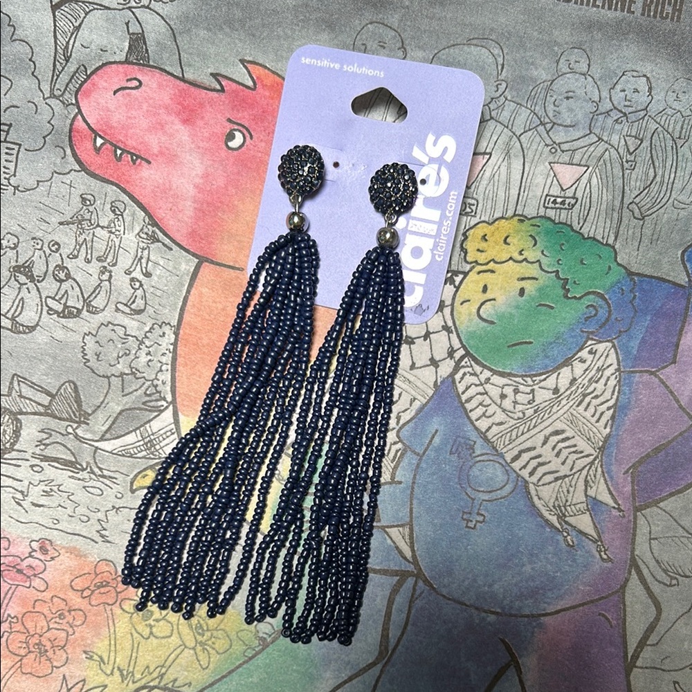 Claire's Navy Beaded Tassel Earrings